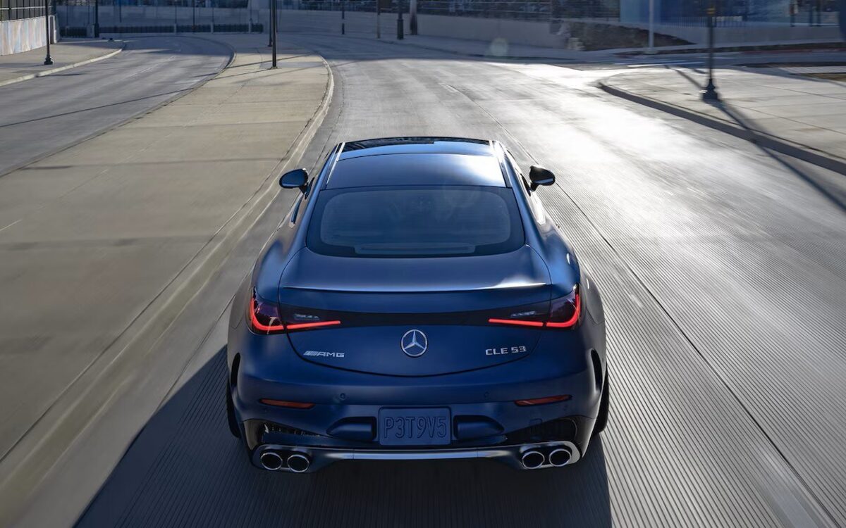 Mercedes-AMG CLE 53 Coupé in blue seen from behind and above, with quad exhaust tips and CLE 53 badge