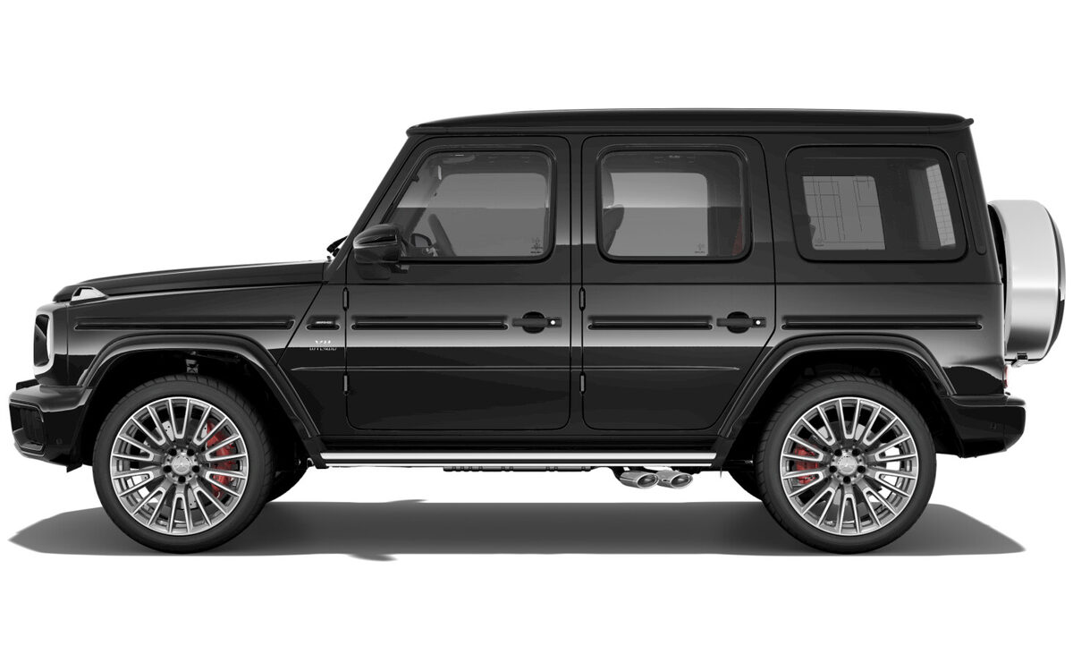 Mercedes-AMG G 63 in black with silver-spoke AMG forged wheels, side profile on a white background