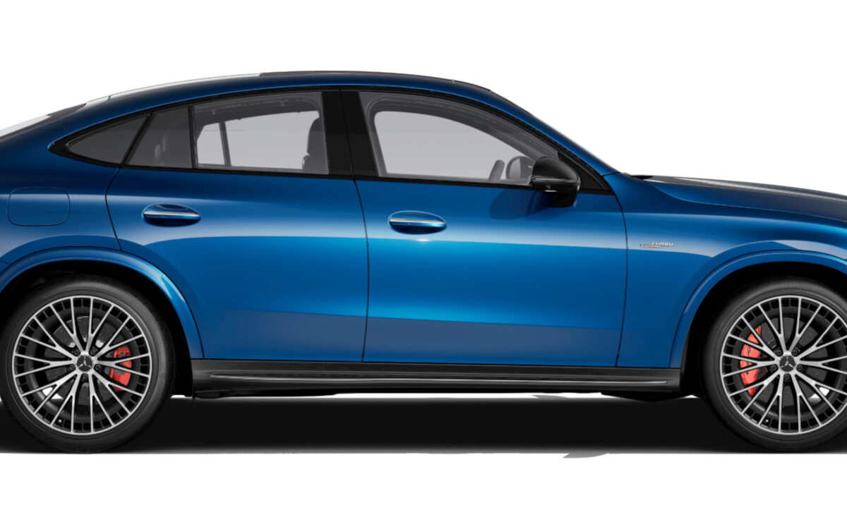 Mercedes-AMG GLC 43 Coupe in Spectral Blue, side profile on a white studio background