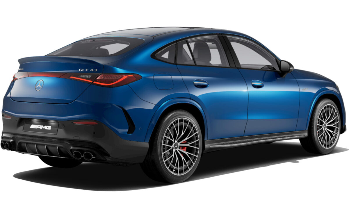 Mercedes-AMG GLC 43 Coupe in Spectral Blue seen from the rear quarter on a white background