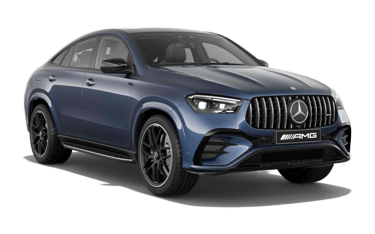 Mercedes-AMG GLE 53 Coupe in Sodalite Blue, front three-quarter view showing the AMG grille on a white background