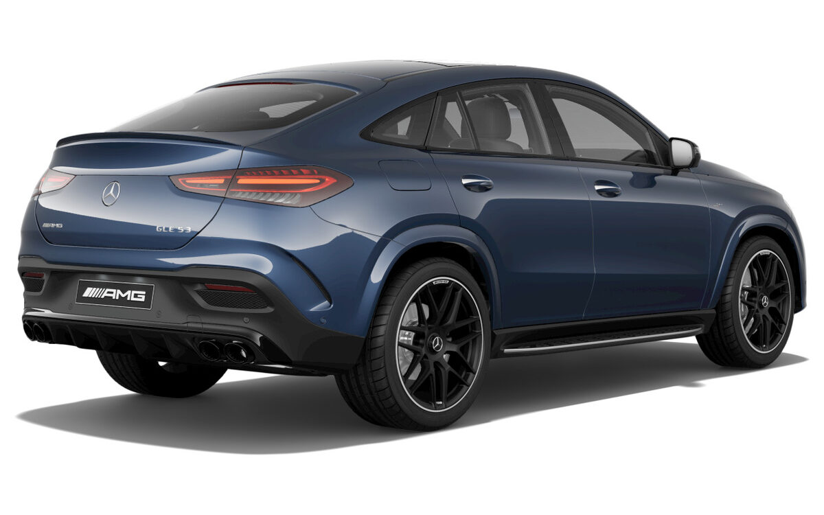 Mercedes-AMG GLE 53 Coupe in Sodalite Blue, rear three-quarter view with twin exhausts on a white background