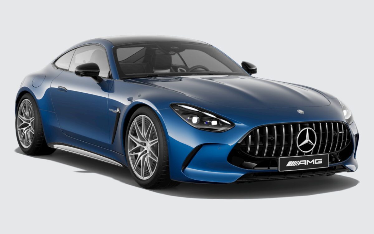 Mercedes-AMG GT Coupe in Spectral Blue, front three-quarter view from the right