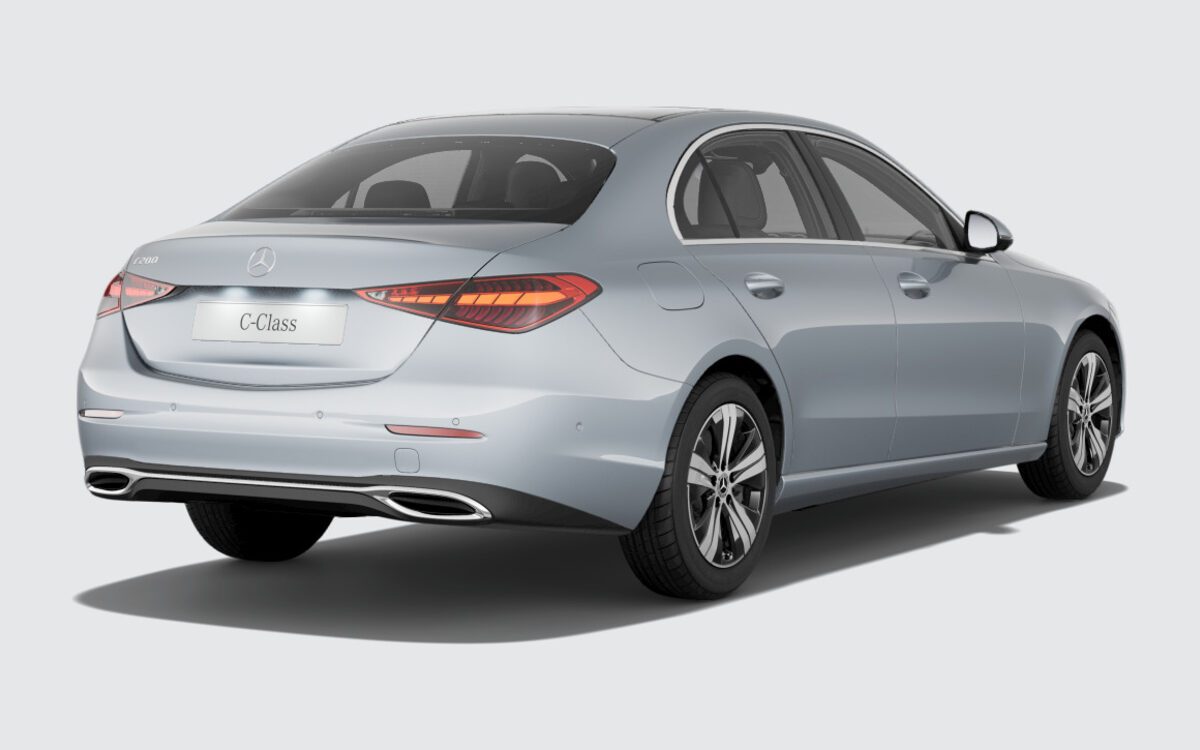 Mercedes-Benz C-Class in High-tech Silver, rear three-quarter view with tail lamps and boot lid
