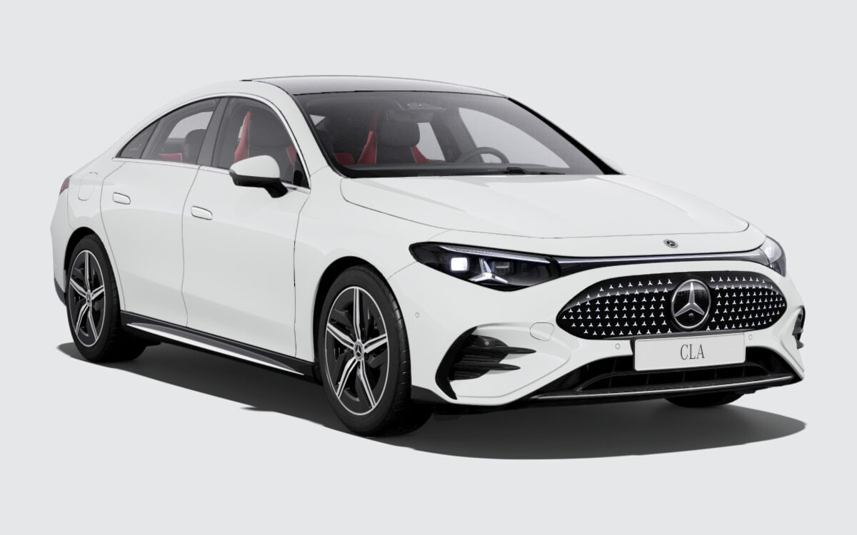 Mercedes-Benz CLA in Polar White, front three-quarter view from the right
