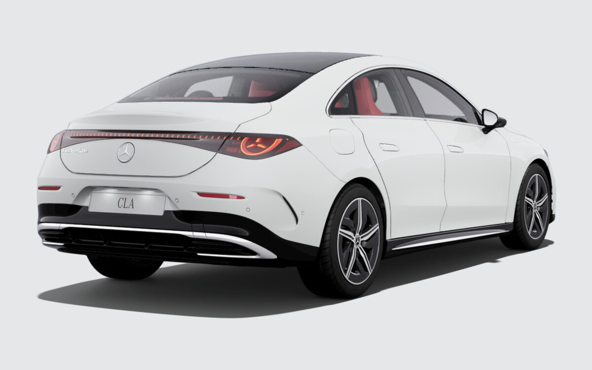 Mercedes-Benz CLA in Polar White, rear three-quarter view with light-bar tail lamps