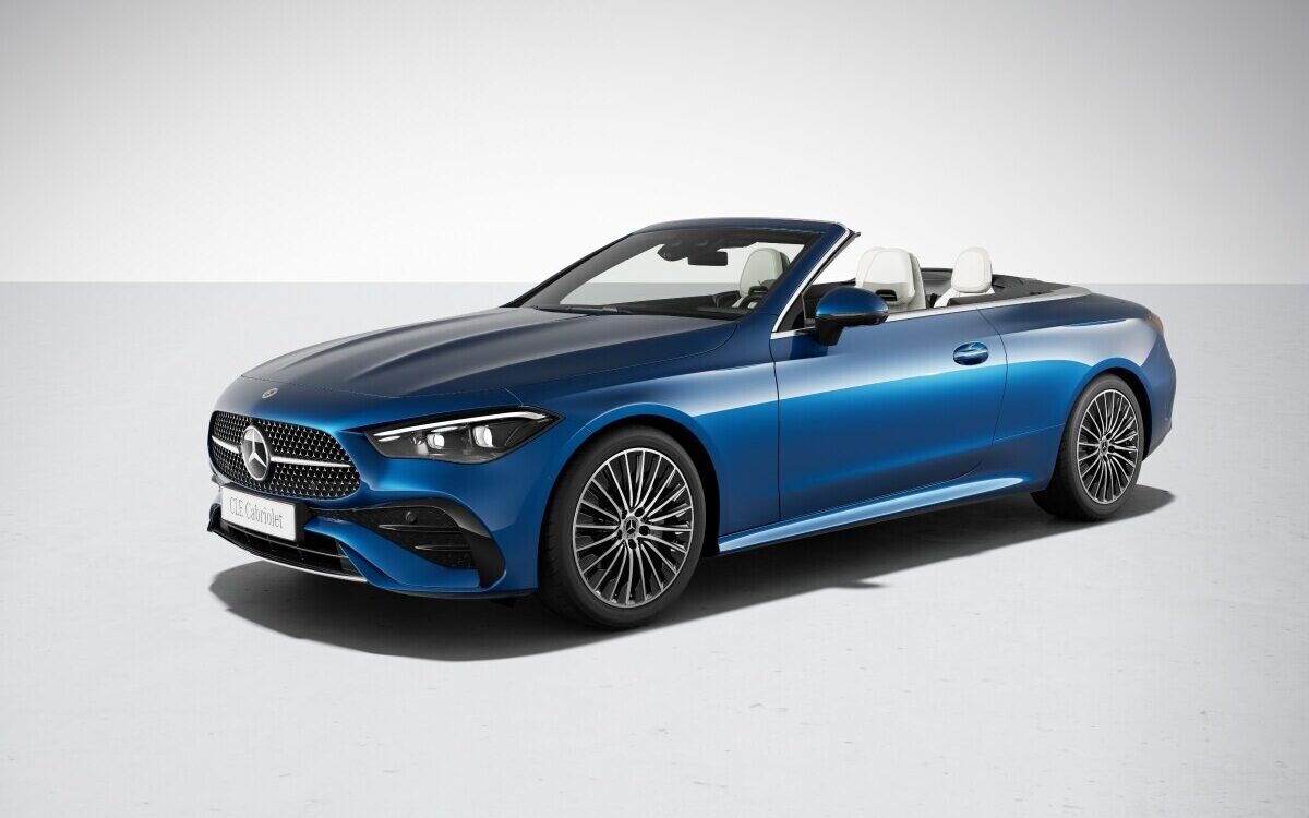 CLE Cabriolet in blue, front three-quarter view with the soft top open, in a studio