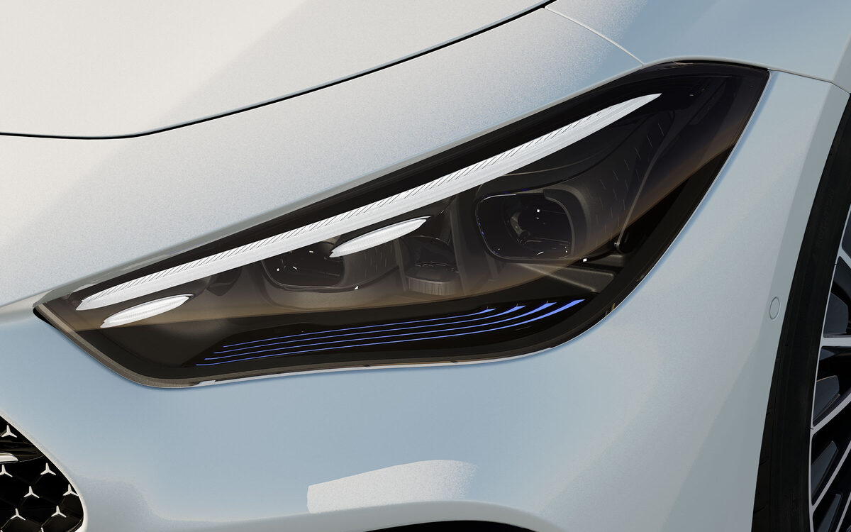 Close-up of the LED headlamp of a white CLE Cabriolet