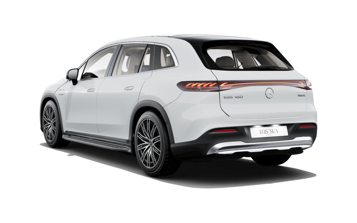 EQS SUV in Polar White, rear three-quarter view