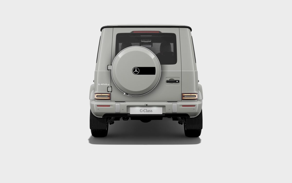 Mercedes-Benz G-Class in MANUFAKTUR classic grey seen straight from behind with the spare wheel cover (configurator render)