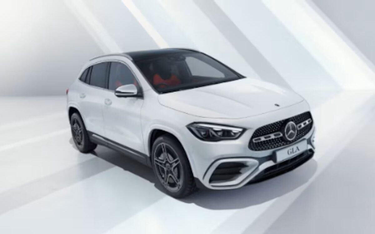Mercedes-Benz GLA in white with AMG Line wheels, front three-quarter view in a bright studio