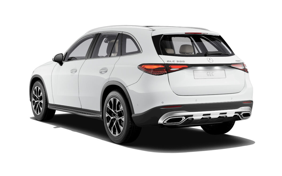 Mercedes-Benz GLC in Polar White, rear three-quarter view showing the tail lamps and twin exhaust trims on a white background