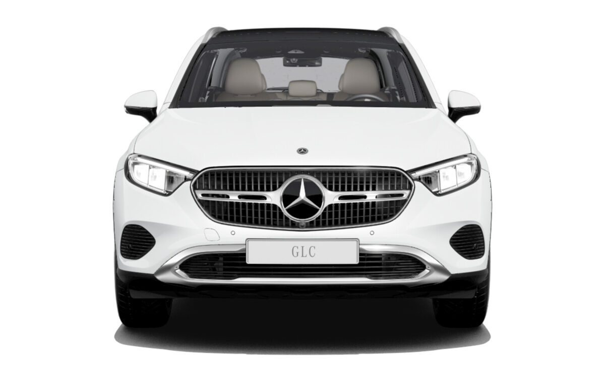 Mercedes-Benz GLC in Polar White seen head-on, showing the grille and headlamps, on a white background