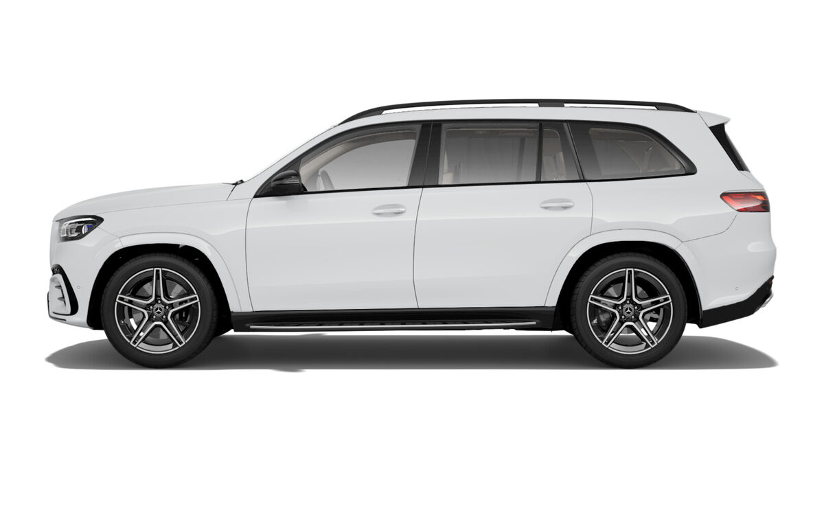 Mercedes-Benz GLS in Polar White, side profile on a plain white background