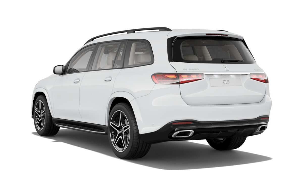 Mercedes-Benz GLS in Polar White, rear three-quarter view on a white background