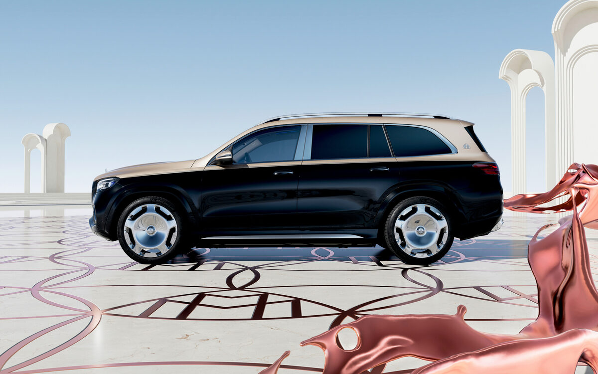 Mercedes-Maybach GLS two-tone side profile on a studio floor