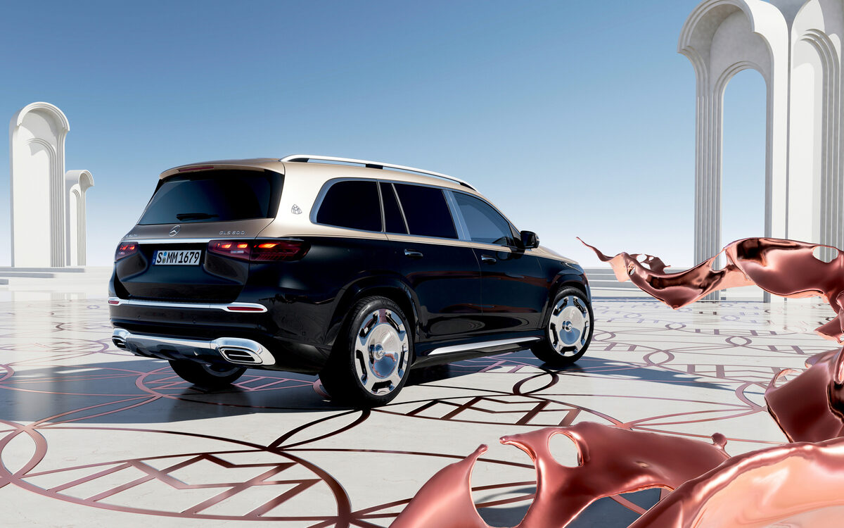 Mercedes-Maybach GLS rear three-quarter view with the two-tone roof and tail lamps