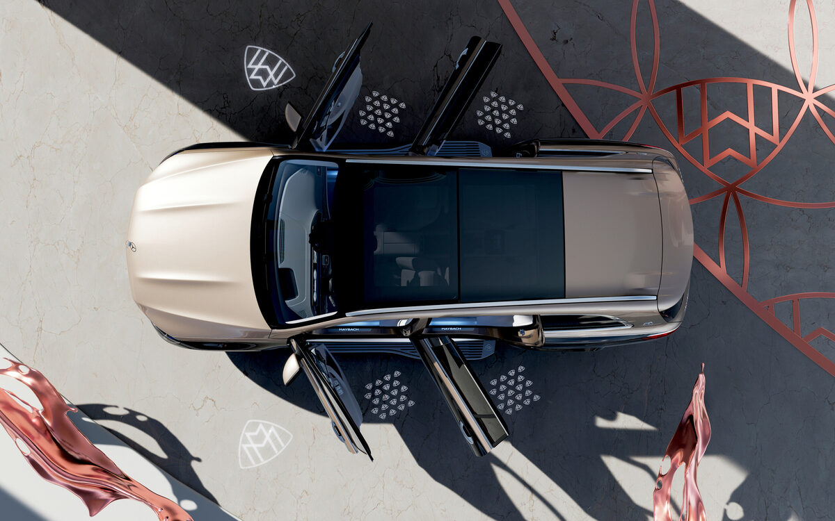 Mercedes-Maybach GLS seen from directly above with all four doors open