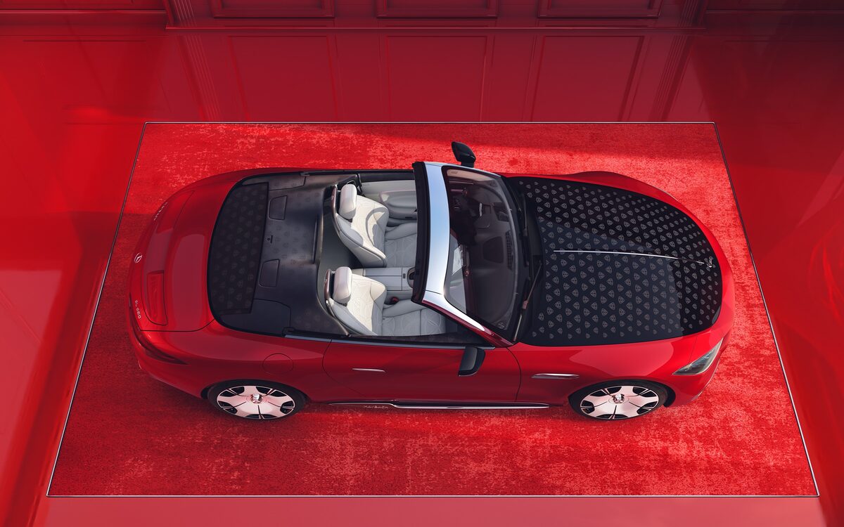 Red Mercedes-Maybach SL with the roof open, seen from directly above in a red room