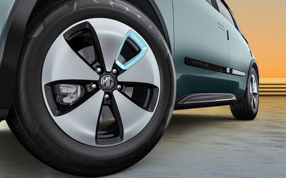 Close-up of the MG Windsor EV aero-style wheel