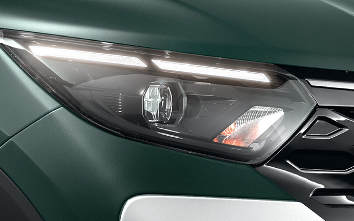 Close-up of the Gravite's signature LED headlamp with integrated daytime running lamp