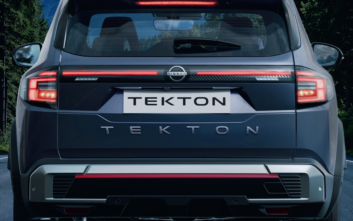 Nissan Tekton rear view on a mountain road with the connected LED tail lamp bar