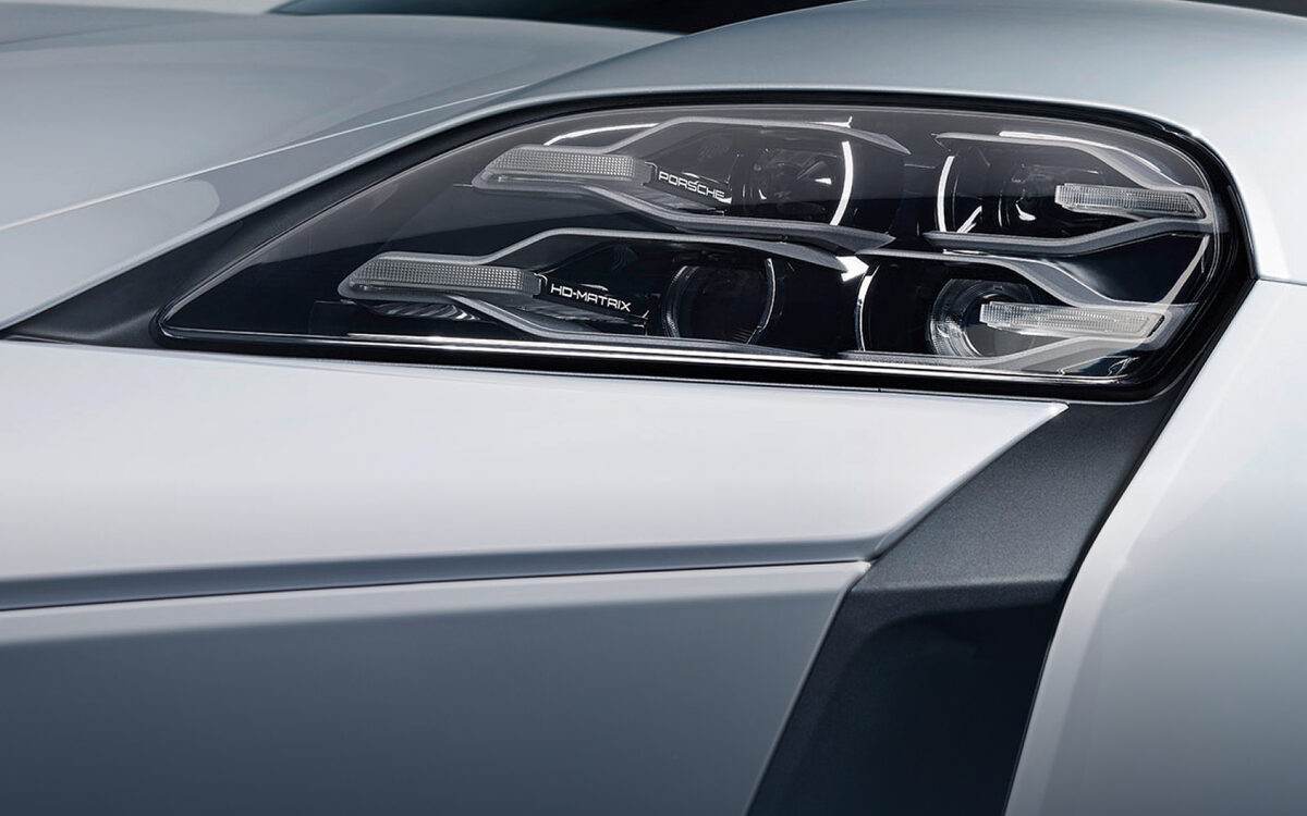 Close-up of the Porsche Taycan LED headlamp