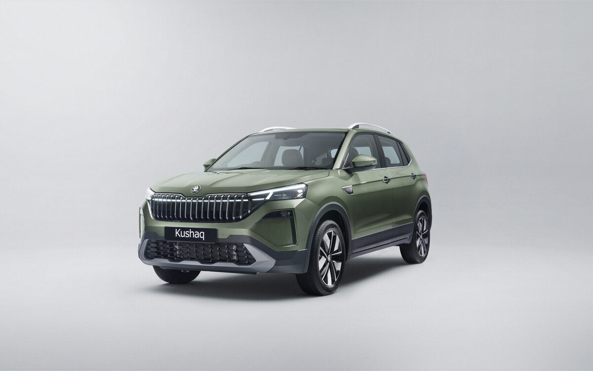 Updated Skoda Kushaq in olive green, front three-quarter view in a studio