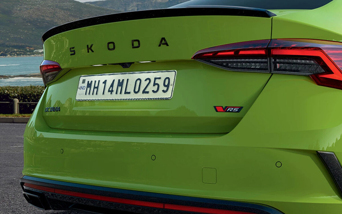 Rear of the Octavia RS showing the LED tail lamp, boot spoiler and RS badge
