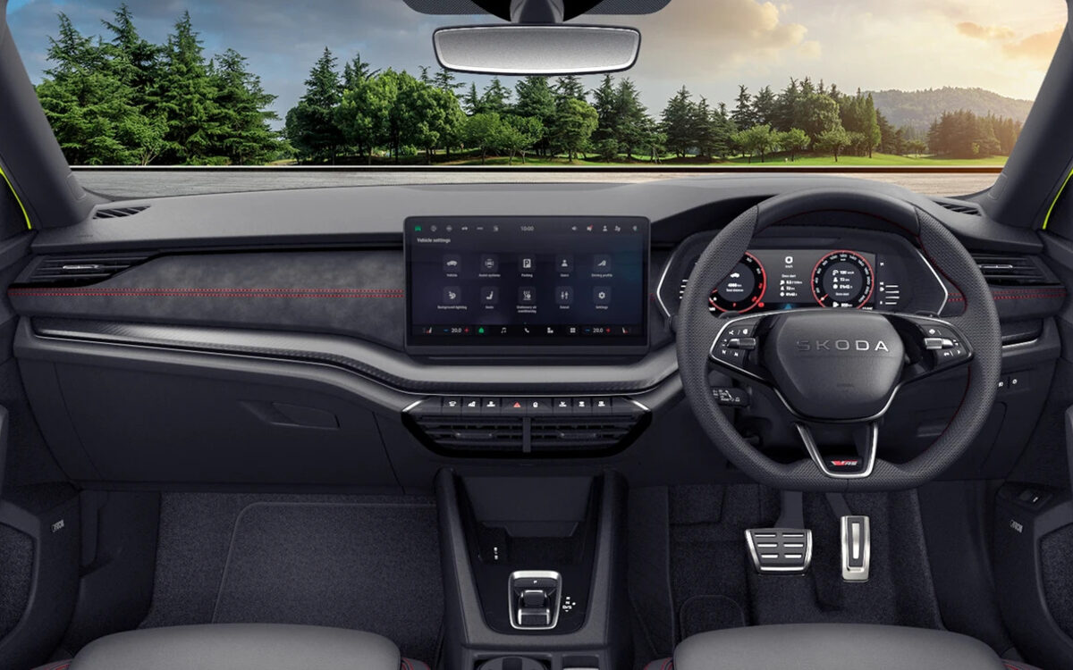 Right-hand-drive Octavia RS dashboard with large touchscreen, RS steering wheel and carbon-look trim