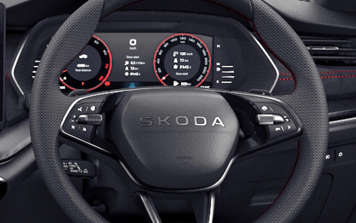 Octavia RS steering wheel with virtual cockpit instrument cluster and pedals