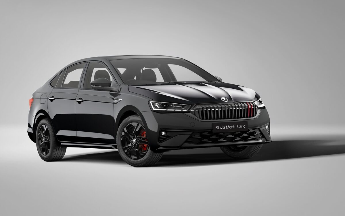 Skoda Slavia Monte Carlo in black, front three-quarter view in a studio