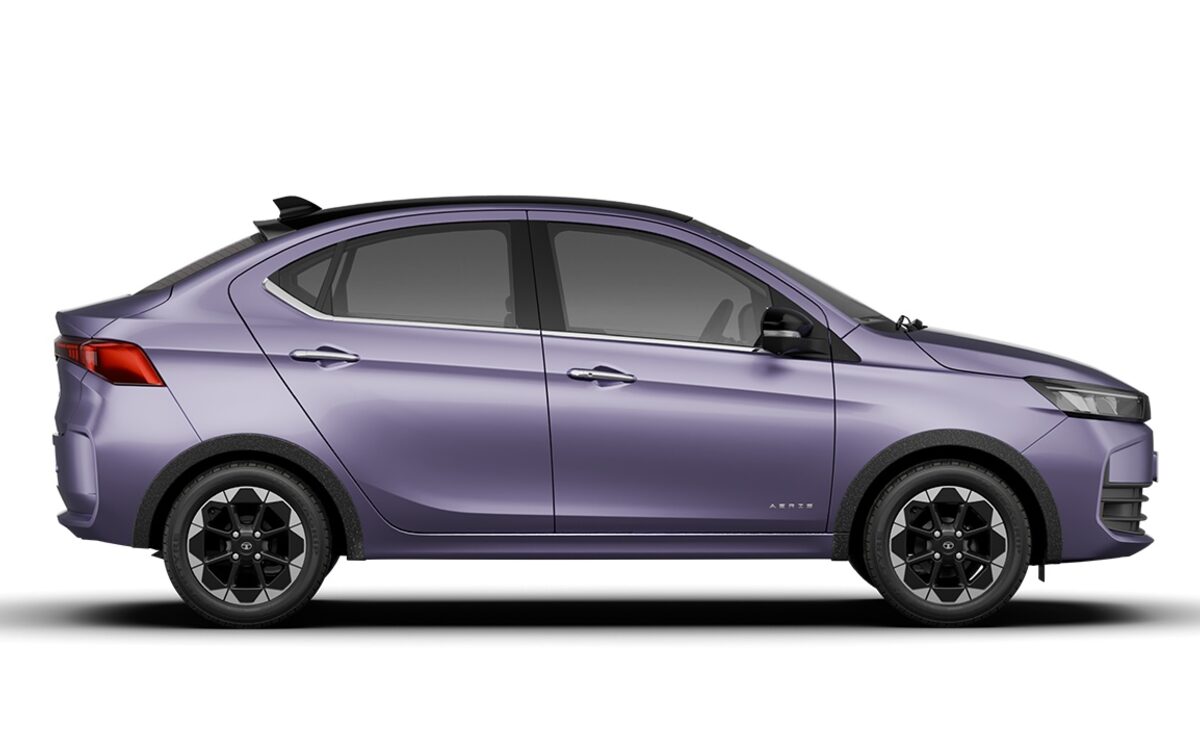 Tata Aeris sedan in Dandeli Drizzle lilac, side profile on a white background