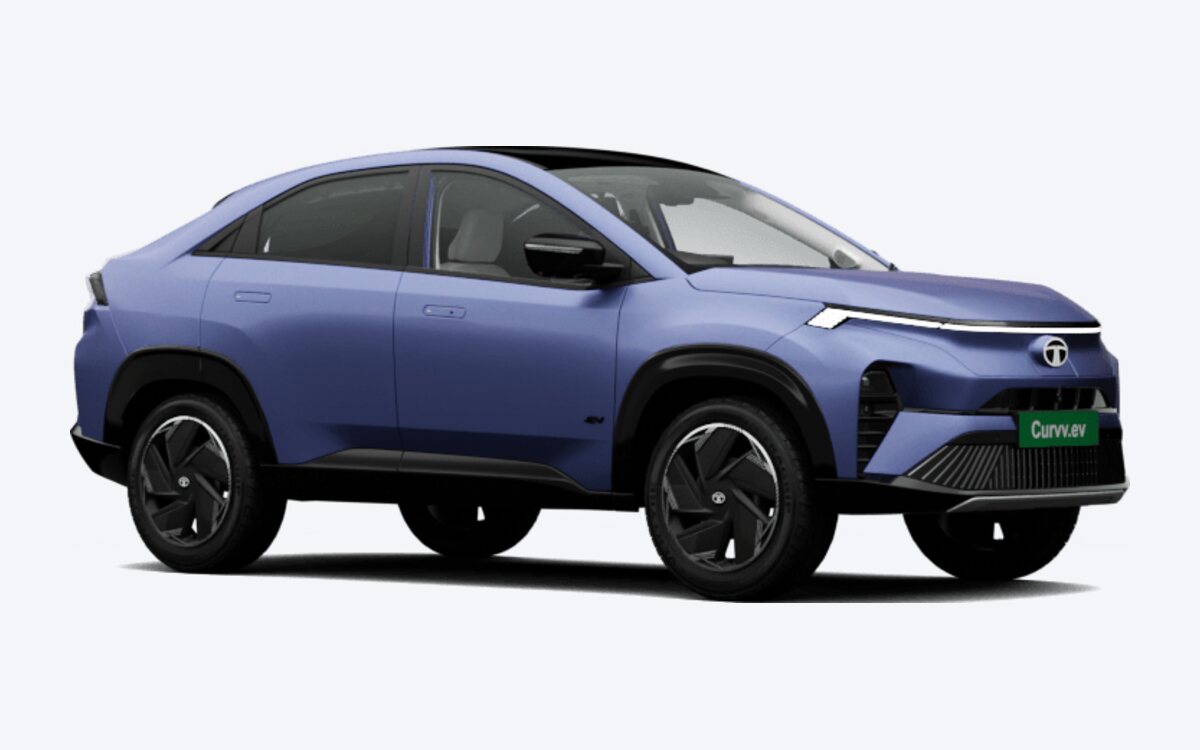 Tata Curvv.ev in Virtual Sunrise with a black roof, seen from the front side