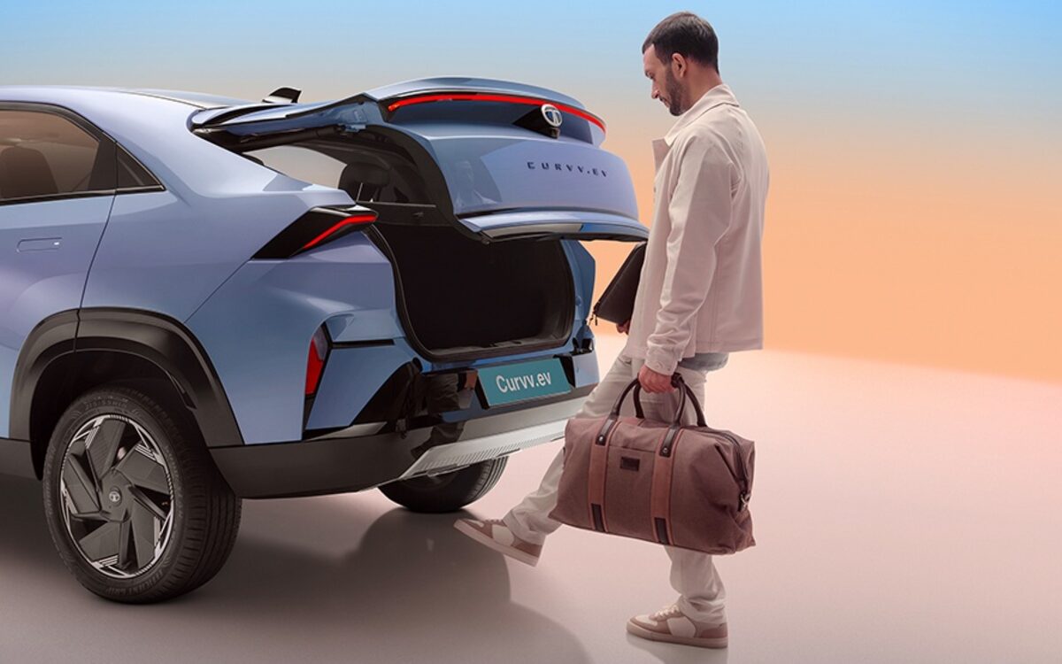 Tata Curvv.ev powered tailgate opening by gesture while the owner carries a bag