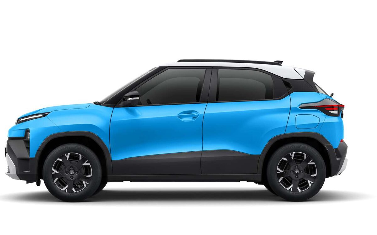 Tata Punch in blue with a white roof, side profile on a white background