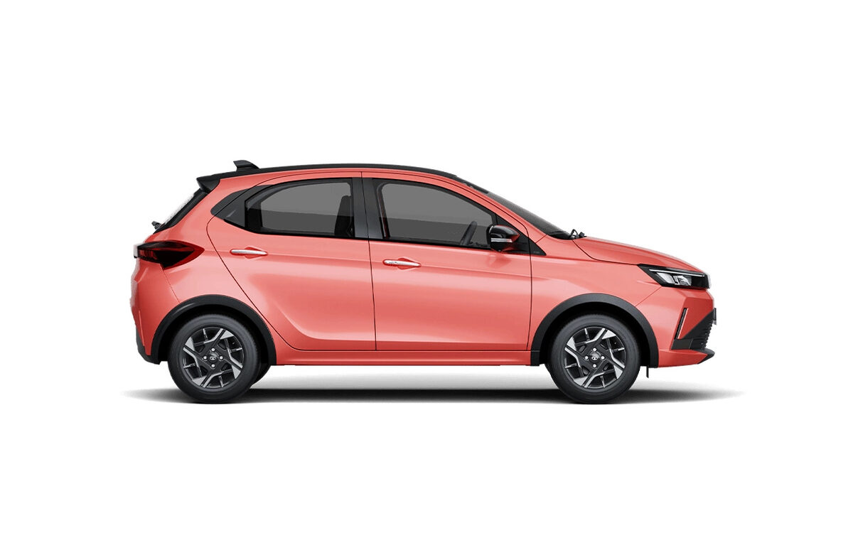Tata Tiago in Varanasi Vibrance, side profile on a white background