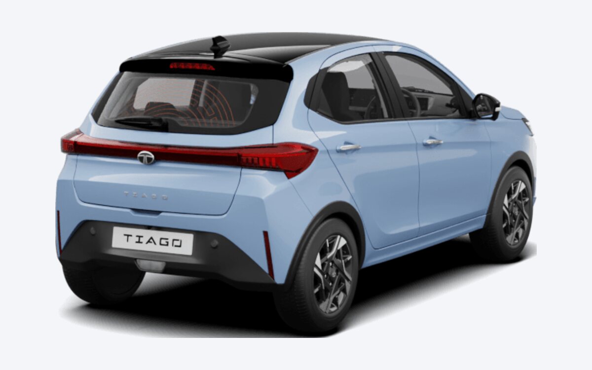 Tata Tiago in Pangong Pulse, rear three-quarter view