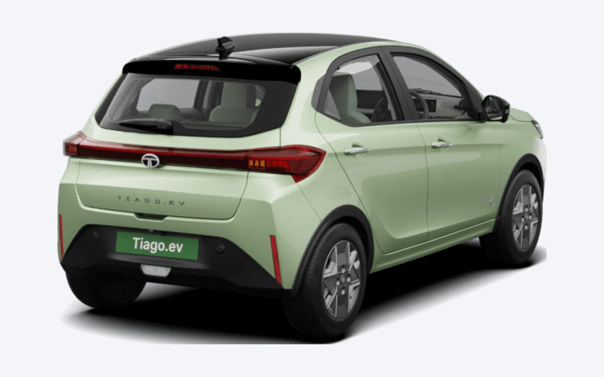 Tata Tiago.ev in Dehradun Dew, seen from the rear
