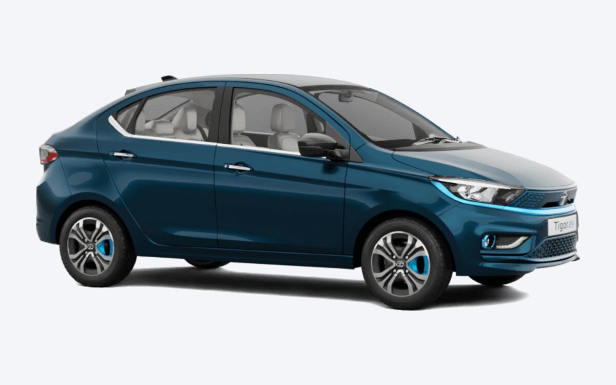 Tata Tigor.ev in Signature Teal Blue, seen from the front side