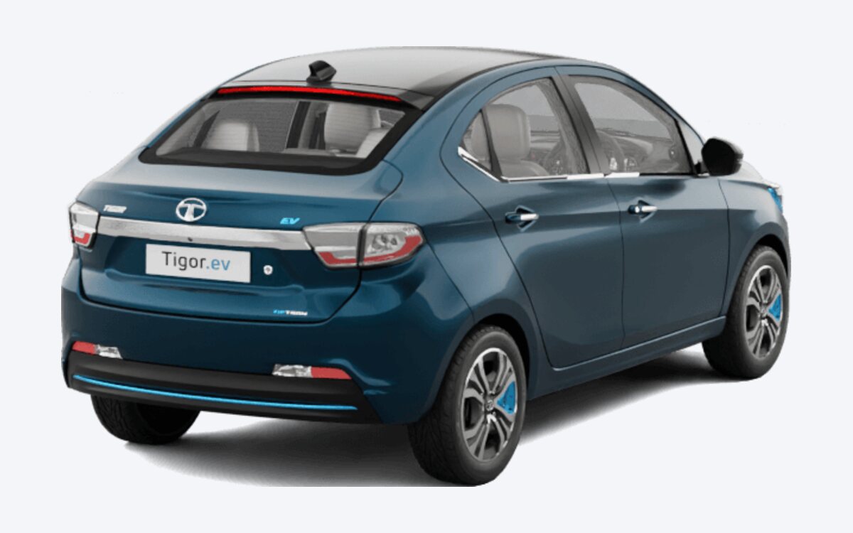 Tata Tigor.ev in Signature Teal Blue, seen from the rear