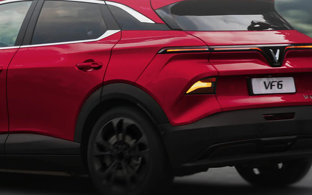 VinFast VF 6 in red, rear three-quarter view