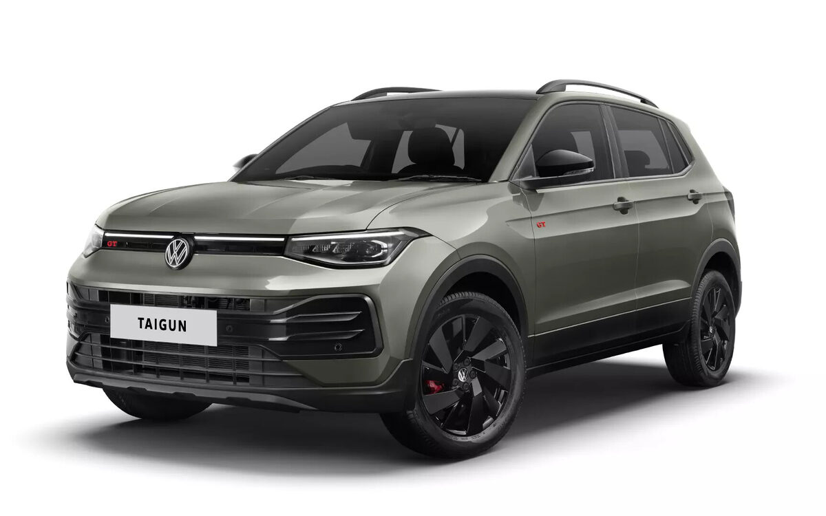 Volkswagen Taigun GT in grey on a white studio background, front three-quarter view