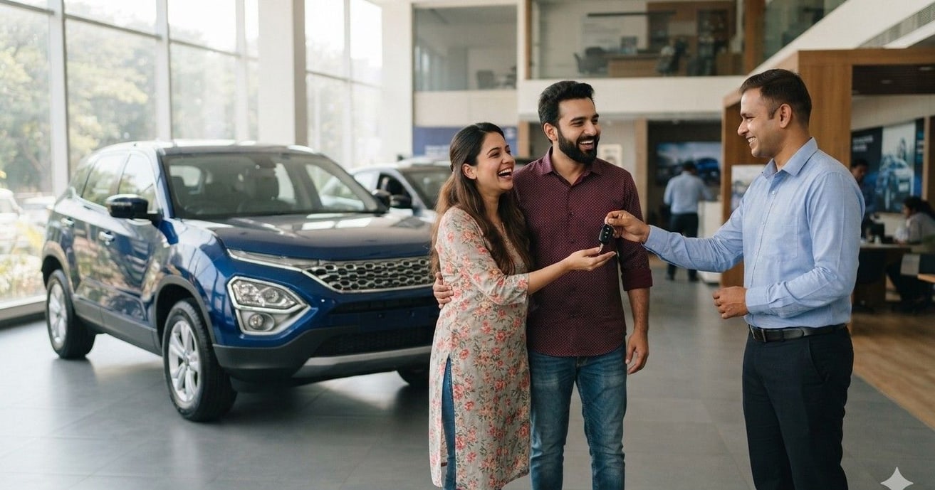 An advisor handing car keys to a happy couple beside a new blue SUV in a showroom