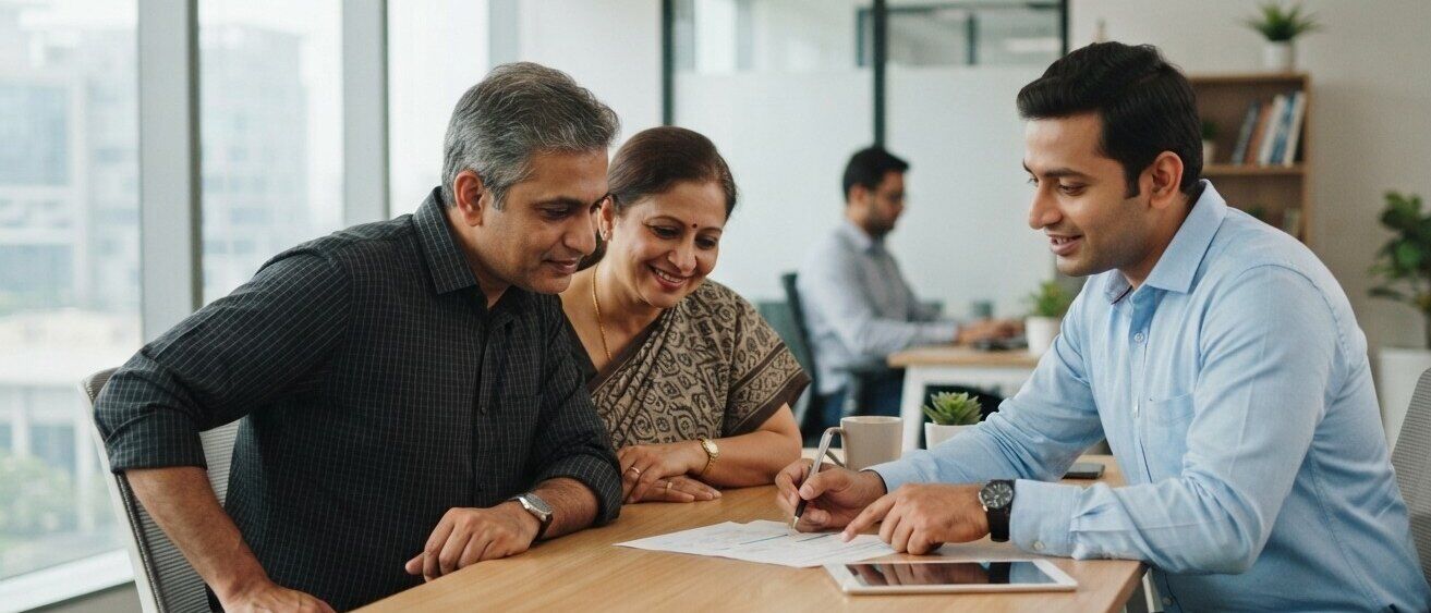 An advisor going through policy documents with a couple