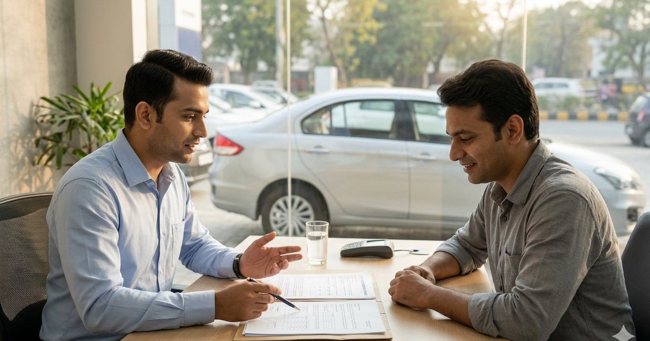 An advisor explaining a car-insurance document to a customer at a showroom desk