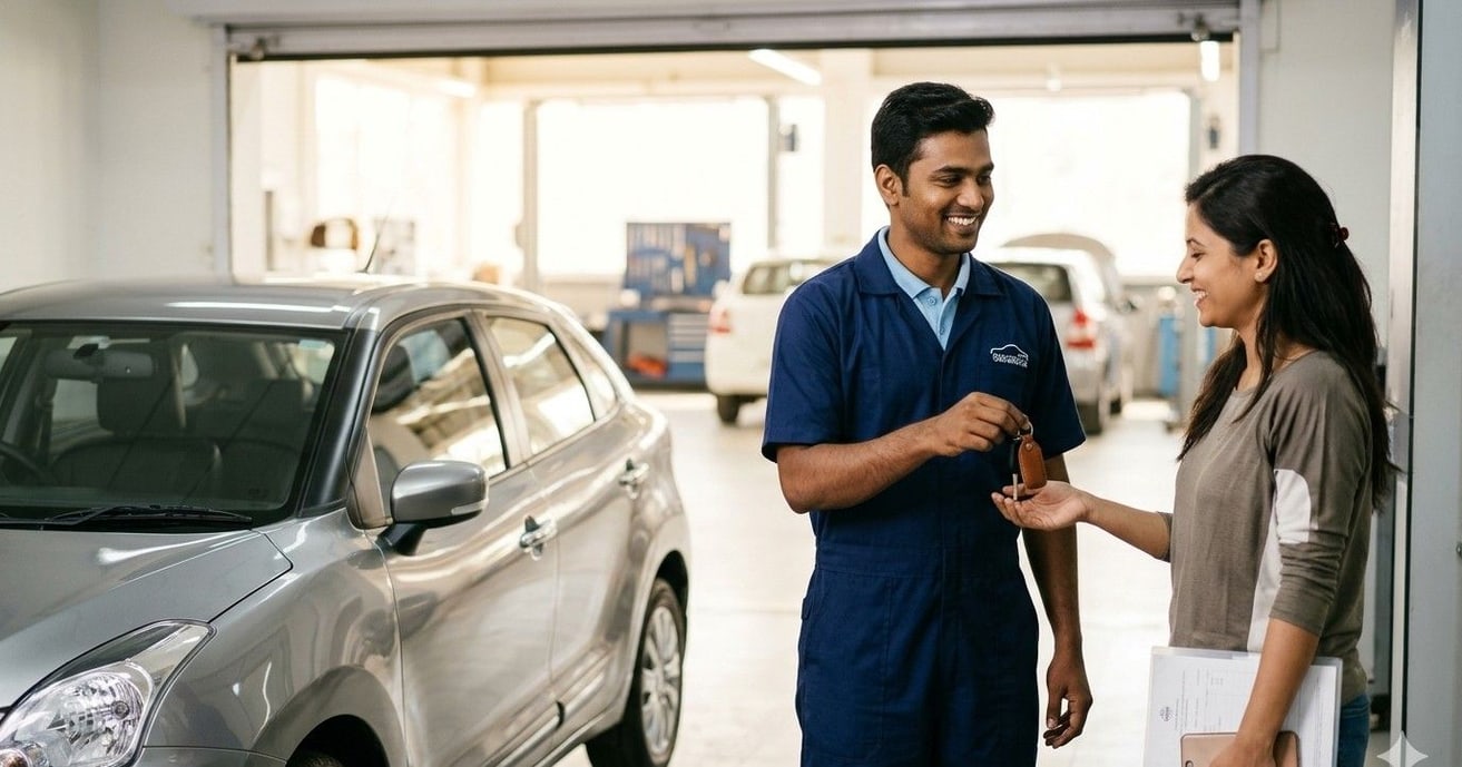 A service technician handing car keys back to a customer in a clean service bay