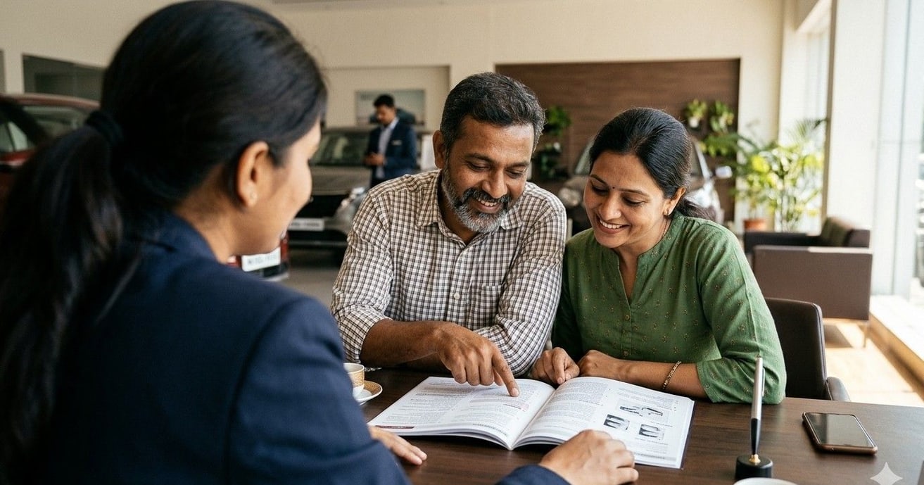 An advisor and a couple going through a car warranty booklet together