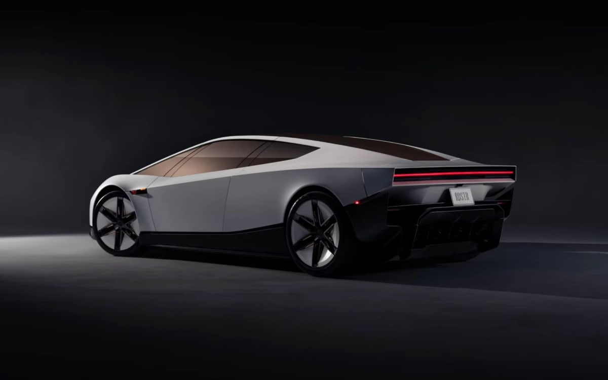 Tesla Roadster rear three-quarter view with a full-width red tail lamp