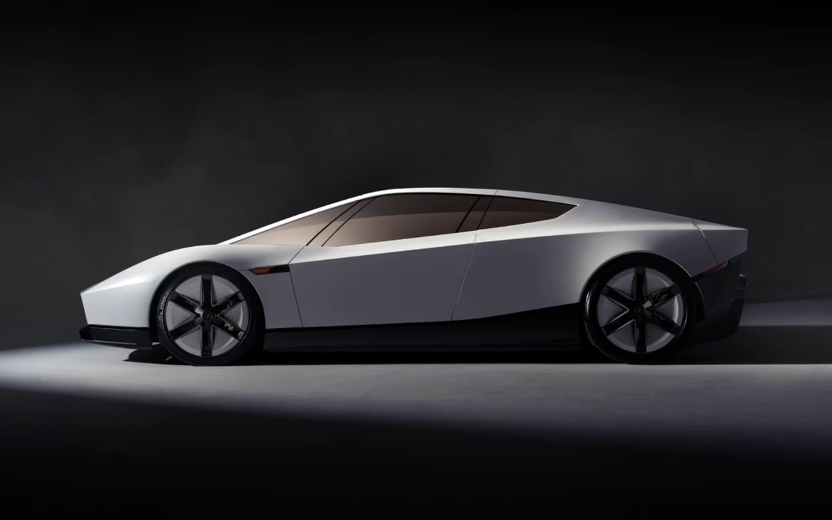 Tesla Roadster side profile in silver against a dark background